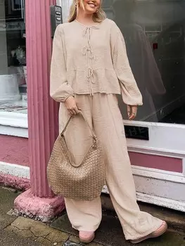 Essnce Женский комплект из двух предметов: топ с завязкой на талии и брюки с высокой талией, повседневный, круглый вырез, 2024 г. весенний повседневный наряд Shein, абрикосовый