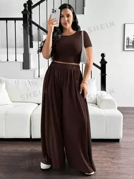 Essnce Женский повседневный летний комплект больших размеров, комплект с широкими брюками, летний комплект Shein, кофейно-коричневый