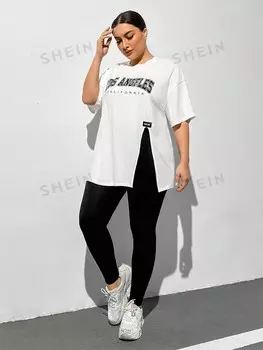 Essnce Женский повседневный свободный спортивный костюм больших размеров больших размеров Включая футболки и леггинсы с рисунком. весна/лето Shein, черный/белый