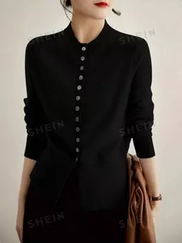 Essnce Женский повседневный весенне-осенний однотонный кардиган с воротником-стойкой и длинными рукавами Shein, черный