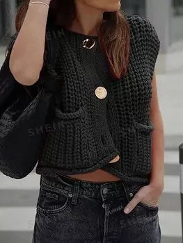 Essnce Женский свободный вязаный жилет с двойными карманами и одной металлической пуговицей в тон Shein, черный