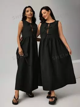 Essnce Женское черное платье больших размеров без рукавов в базовом стиле с галстуком-бабочкой на талии Shein, черный