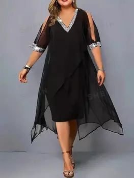 Essnce Женское платье больших размеров, пайетки, прошитый узор на ткани, асимметричный край Shein, черный