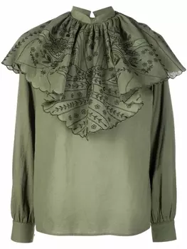 ETRO блузка со сборками и цветочной вышивкой, зеленый
