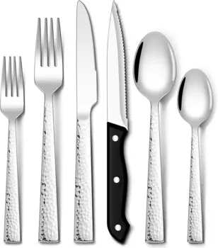 EUIRIO Набор кованых столовых приборов из 48 предметов с ножами для стейка на 8 персон, Hammered Silver