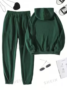 EZ Толстовка с капюшоном, кулиску, заниженную линию плеч, теплозащитные штаны и спортивные штаны Shein, темно-зеленый
