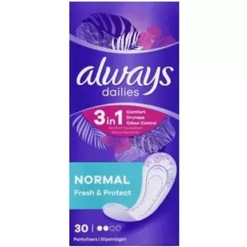 Ежедневные ежедневные прокладки Always Dailies Fresh & Protect Normal, 30 штук. Дышащая конструкция и впитывающая внутренняя часть с тонким ароматом для комфорта, сухости и свежести в течение всего дня.