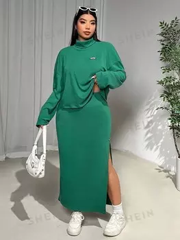 EZwear 2 шт/компл Свитер с высоким воротником большого размера + длинная складная юбка на осень/зиму Shein, зеленый