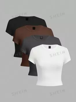 EZwear, 4 Предмета, однотонная футболка, с коротким рукавом, облегающая, легкая и удобная для женщин, лето Shein, мультиколор