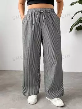 EZwear Большие льняные брюки с полосатым рисунком Это приятная для отдыха ткань Shein, черно-белый