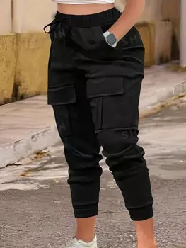 EZwear Большие размеры Брюки-карго с высокой талией и карманами Shein, черный