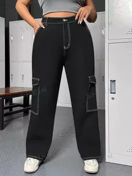 EZwear Большие размеры Женские джинсы-карго контрастного цвета с откидным карманом и отстрочкой Shein, черный