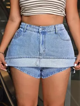 EZwear Большие размеры женские летние повседневные джинсовые шорты с боковым разрезом юбка Shein, светло-голубой