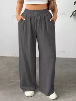 EZwear Большие размеры женские однотонные свободные повседневные брюки с широкими талией и завязками на талии с карманами Shein, серый