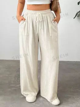 EZwear Большие размеры, женские однотонные свободные повседневные широкие брюки с завязками на талии и карманами Shein, абрикосовый