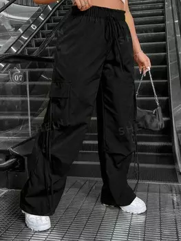 EZwear Большие размеры Женские свободные плиссированные однотонные брюки-карго с завязкой на талии Shein, черный