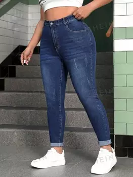 EZwear Большие темные джинсы скинни больших размеров, высокая талия с узором «кошачьи когти», очень упругие Shein, тёмно-синий
