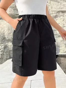 EZwear Большие женские черные прямые шорты-брюки размера плюс Shein, черный