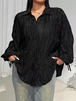 EZwear Черная рубашка с длинным рукавом воротник на пуговицах спереди Для женщин особых размеров Shein, черный