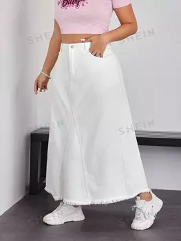 EZwear Длинная юбка из джинсовой ткани. простой белый Для повседневной носки Для женщин больших размеров Shein, белый