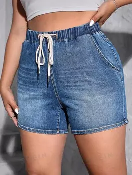 EZwear Джинсовые шорты с завязками на талии Shein, синий