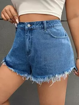 EZwear Джинсовые шорты Застегивается на пуговицы спереди, расклешенные брючины на конце, множество карманов, большой размер, спокойный наряд Shein, темный синий