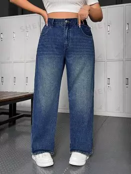 EZwear Джинсы больших размеров, прямого кроя, Потертые Shein, тёмно-синий