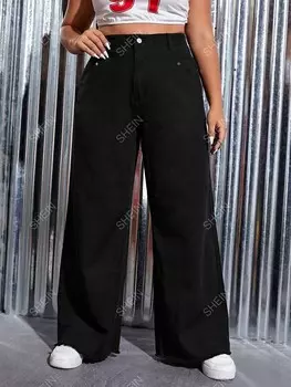 EZwear Джинсы больших размеров, завышенная талия, Потертый крой, Расклешенные штанины Shein, черный