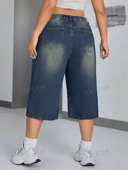 EZwear Джинсы прямого кроя больших размеров, капри Shein, тёмно-синий