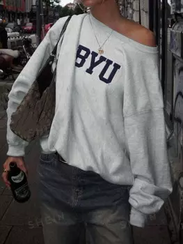 EZwear Фланелевой свитер с буквенным принтом на каждый день, большого размера, доступен осенью/зимой Shein, светло-серый