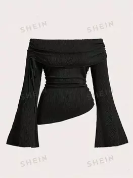 EZwear Футболка больших размеров, детали на кулиске, открытые плечи, асимметричный подол Shein, черный