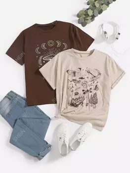 EZwear Футболка больших размеров, принт луны и грибов, 2 шт Shein, мультиколор