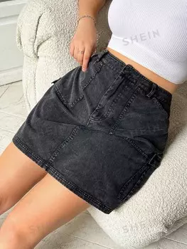 EZwear Юбка А-силуэта из стираного денима для женщин больших размеров Shein, черный