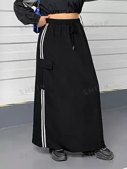 EZwear Юбка-карго больших размеров, боковые полосы, кулиска на талии Shein, черный