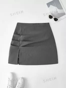 EZwear Юбка трапециевидного силуэта, высокая справа, расклешенная талия, с вырезом, специальный размер, юбка костюмного фасона Shein, серый