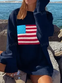 EZwear Кардиган с флагом, длинный рукав, широкий вырез, большой размер Shein, темно-синий