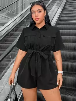 EZwear комбинезон больших размеров, однотонная рубашка, короткий рукав Shein, черный