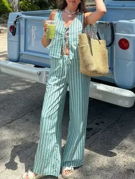 EZwear: Комплект из 2 предметов, полосатый жилет и брюки для отдыха для женщин Shein, зеленый