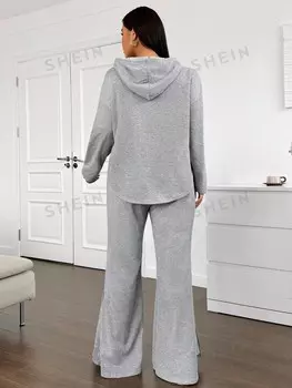 EZwear Комплект из 2 предметов в стиле ретро «Снова в школу»: легкая серая толстовка с капюшоном и брюки со складками на штанинах и боковыми складками Shein, серый