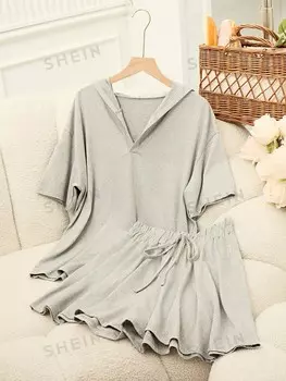 Ezwear Комплект из однотонной рубашки и шорт, с капюшоном, короткими рукавами, для лета Shein, светло-серый