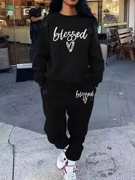 EZwear Комплект из пуловера и спортивных штанов больших размеров с буквенным узором Shein, черный