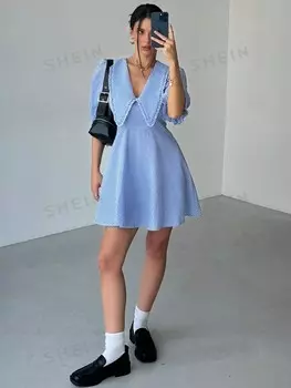 EZwear Комплект повседневной юбки Подстаканник, клетчатый узор, для женщин Shein, синий