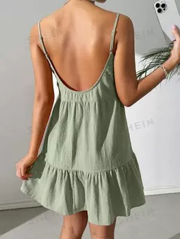 Ezwear Комплект с юбкой на одной бретельке, с открытой спиной, из струящейся зеленой ткани, для женщин Shein, мятно-зеленый