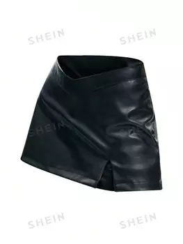 EZwear Короткая юбка из искусственной кожи, талия V-образная, разрез Shein, черный