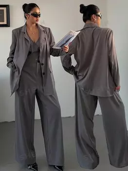 EZwear Костюм с брюками и жилетом, однотонный, для больших размеров Shein, серый