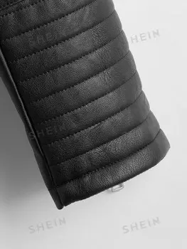 EZwear Куртка больших размеров с большим воротником из плотной искусственной кожи Shein, черный