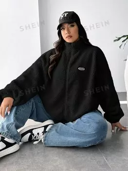 EZwear Куртка с длинными рукавами, повседневный образ, буквенный принт. Для женщин больших размеров На осень и зиму Shein, черный