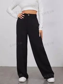 EZwear Летние прямые брюки, Однотонные, с завышенной талией Shein, черный
