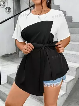 EZwear Летняя повседневная рубашка больших размеров с короткими рукавами и цветными блоками Shein, черно-белый