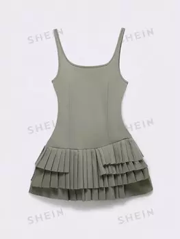 EZwear Модная одежда больших размеров Тип платья на одной бретельке, без рукавов, с открытой спиной, с рюшами по низу Shein, оливково-зеленый